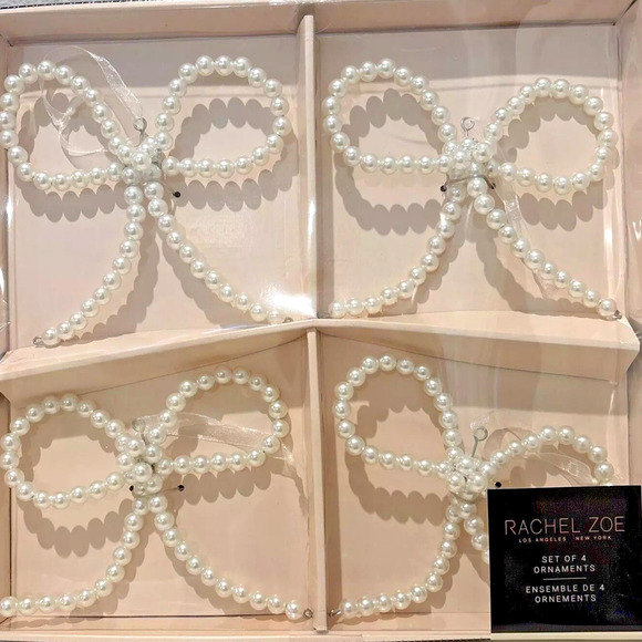 Rachel Zoe Faux Pearl Bow Ornaments 6" Set of 4 Christmas Holiday Glam NEW - Picture 1 of 15